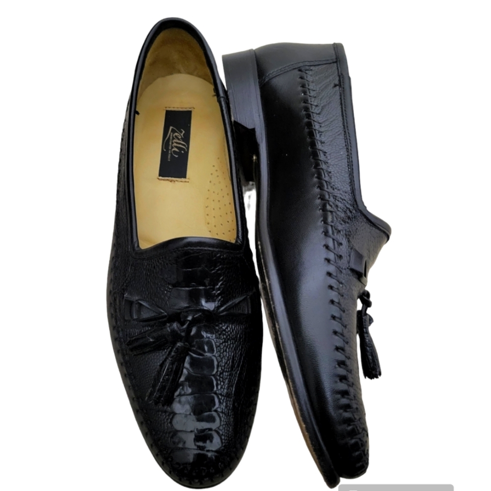 Zelli Kalahari handcrafted black ostrich loafer, sz 8M